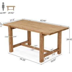 63 Inch Solid Wood Dining Table, Farmhouse Rectangular Table for Kitchen Dining Room 4-6 People