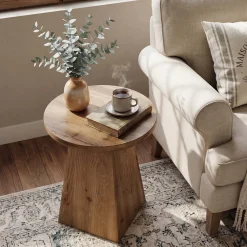 18.9 Inch Solid Wood End Table with Trapezoid Base, Round Side Table for Living Room Small Spaces