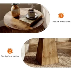 18.9 Inch Solid Wood End Table with Trapezoid Base, Round Side Table for Living Room Small Spaces