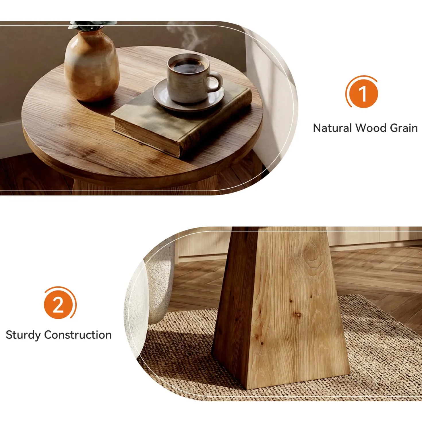 18.9 Inch Solid Wood End Table with Trapezoid Base, Round Side Table for Living Room Small Spaces