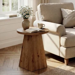 18.9 Inch Solid Wood End Table with Trapezoid Base, Round Side Table for Living Room Small Spaces