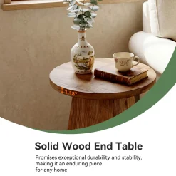18.9 Inch Solid Wood End Table with Trapezoid Base, Round Side Table for Living Room Small Spaces