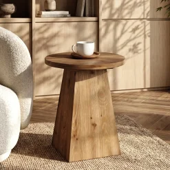 18.9 Inch Solid Wood End Table with Trapezoid Base, Round Side Table for Living Room Small Spaces