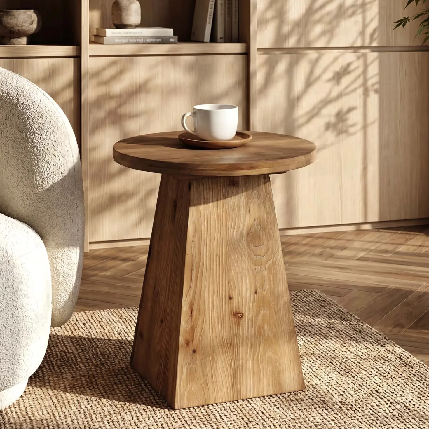 18.9 Inch Solid Wood End Table with Trapezoid Base, Round Side Table for Living Room Small Spaces