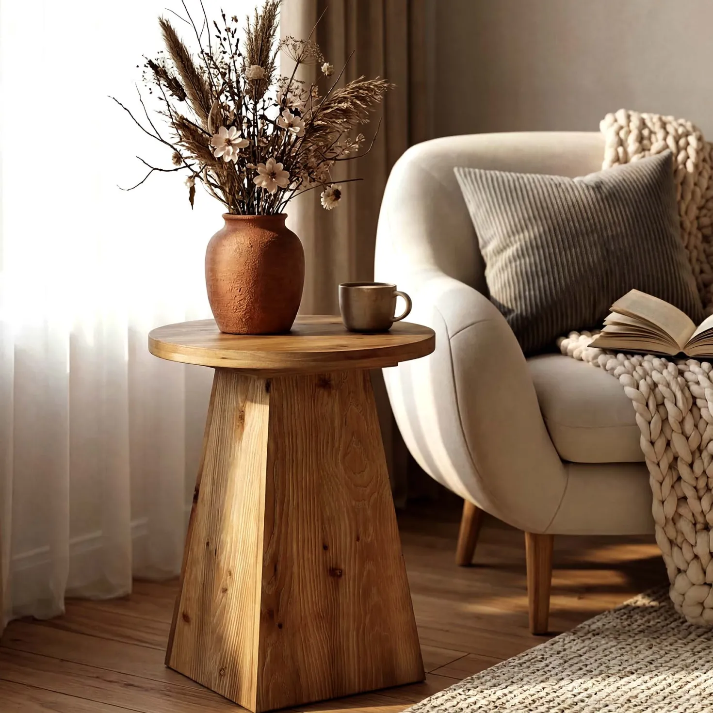 18.9 Inch Solid Wood End Table with Trapezoid Base, Round Side Table for Living Room Small Spaces
