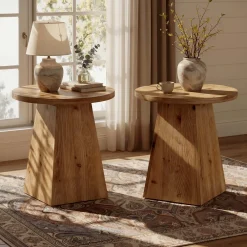 18.9 Inch Solid Wood End Table with Trapezoid Base, Round Side Table for Living Room Small Spaces