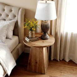 18.9 Inch Solid Wood End Table with Trapezoid Base, Round Side Table for Living Room Small Spaces