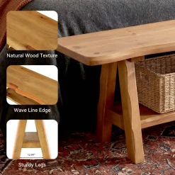 55 Inch Solid Wood Entryway Bench, Farmhouse Live Edge Bench