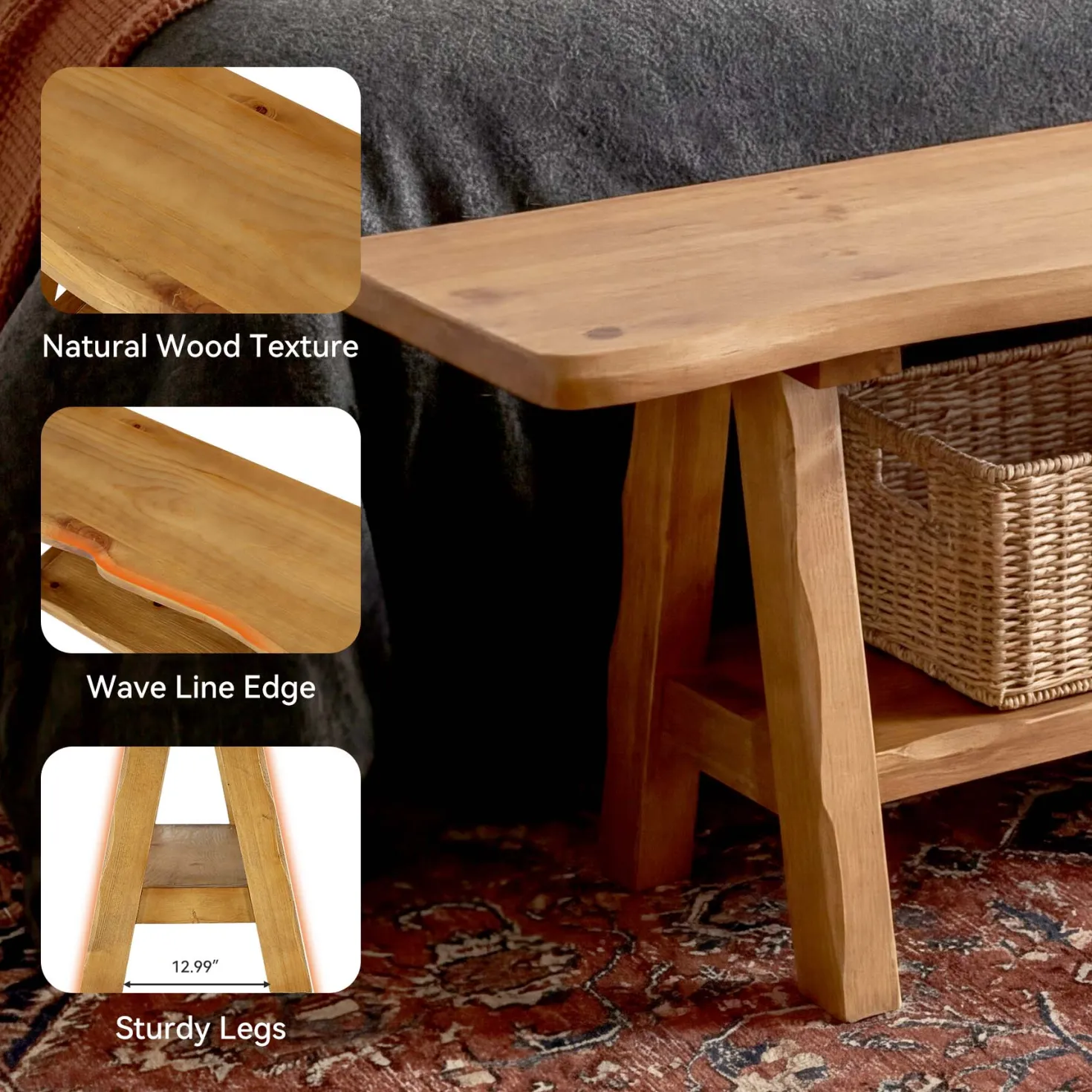 55 Inch Solid Wood Entryway Bench, Farmhouse Live Edge Bench
