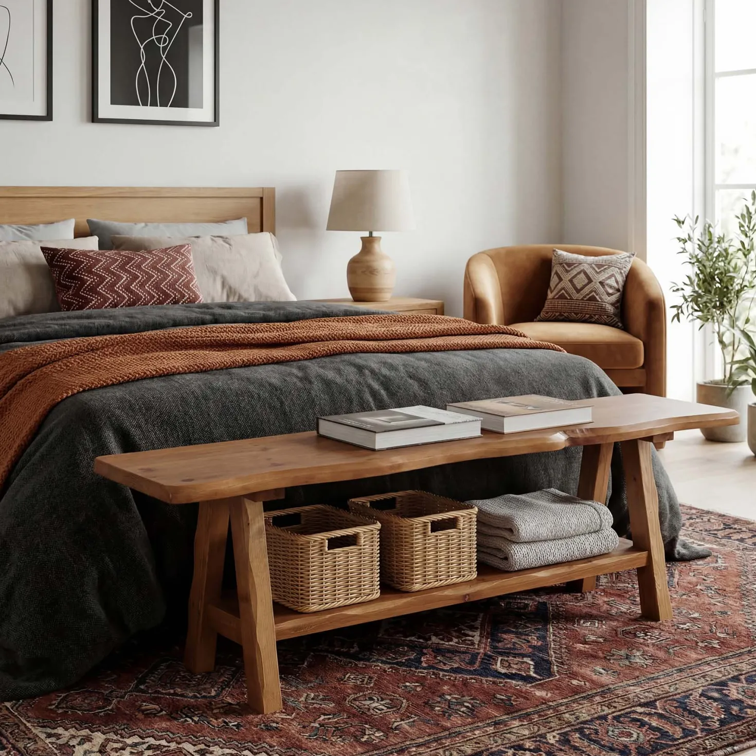55 Inch Solid Wood Entryway Bench, Farmhouse Live Edge Bench