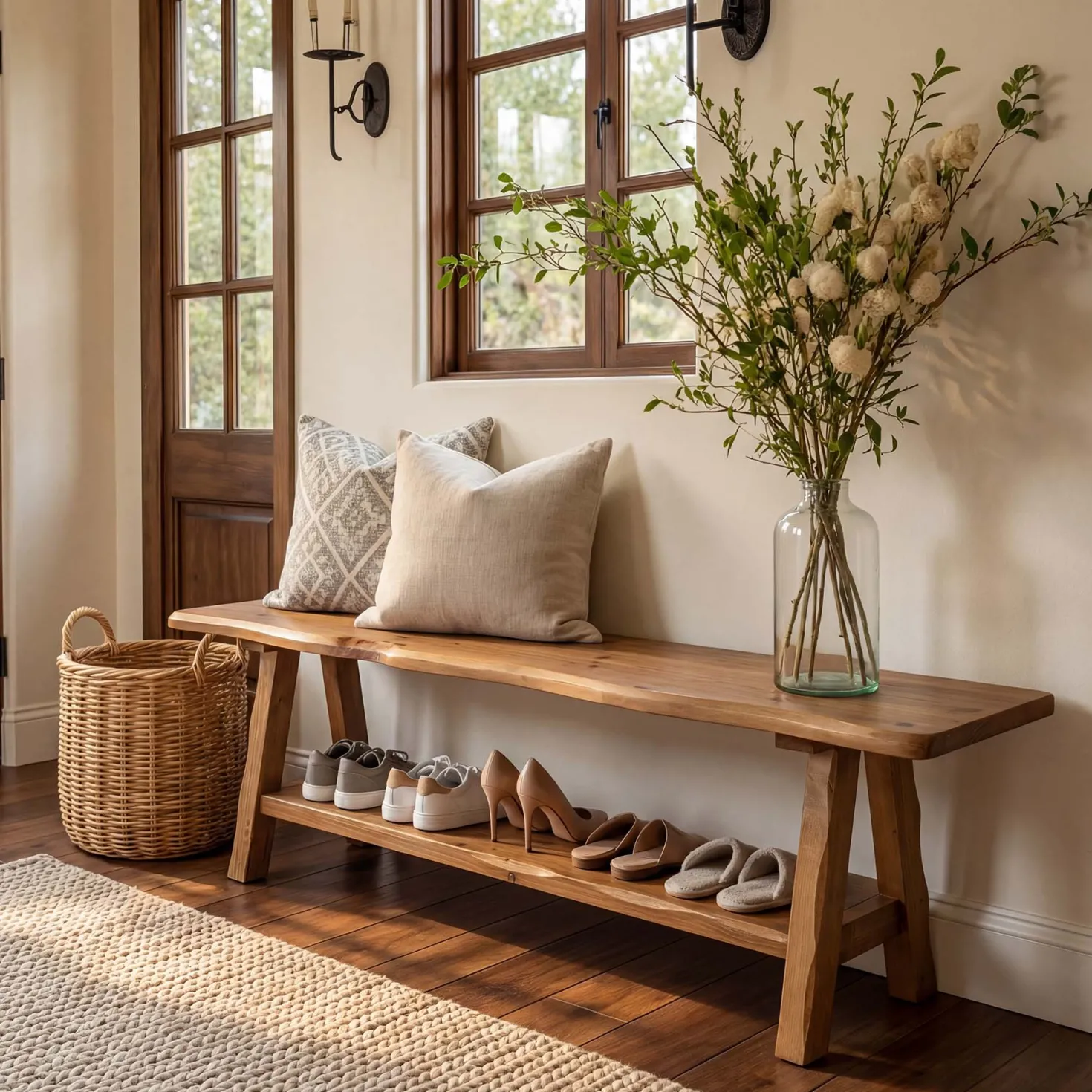 55 Inch Solid Wood Entryway Bench, Farmhouse Live Edge Bench