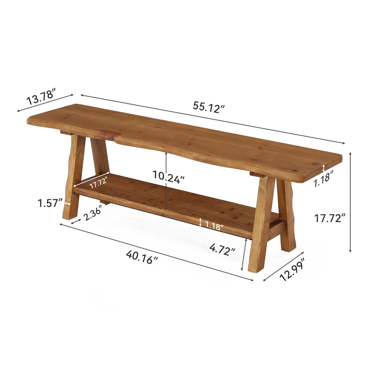 55 Inch Solid Wood Entryway Bench, Farmhouse Live Edge Bench