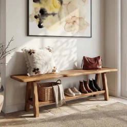 55 Inch Solid Wood Entryway Bench, Farmhouse Live Edge Bench