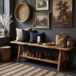 55 Inch Solid Wood Entryway Bench, Farmhouse Live Edge Bench