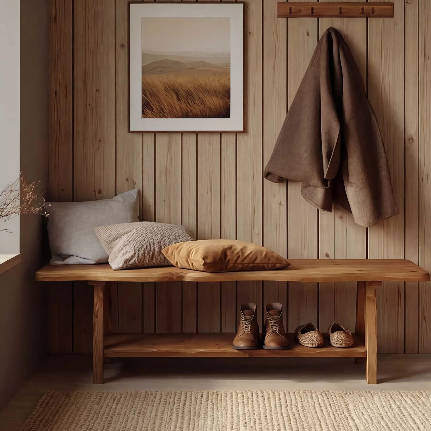 55 Inch Solid Wood Entryway Bench, Farmhouse Live Edge Bench