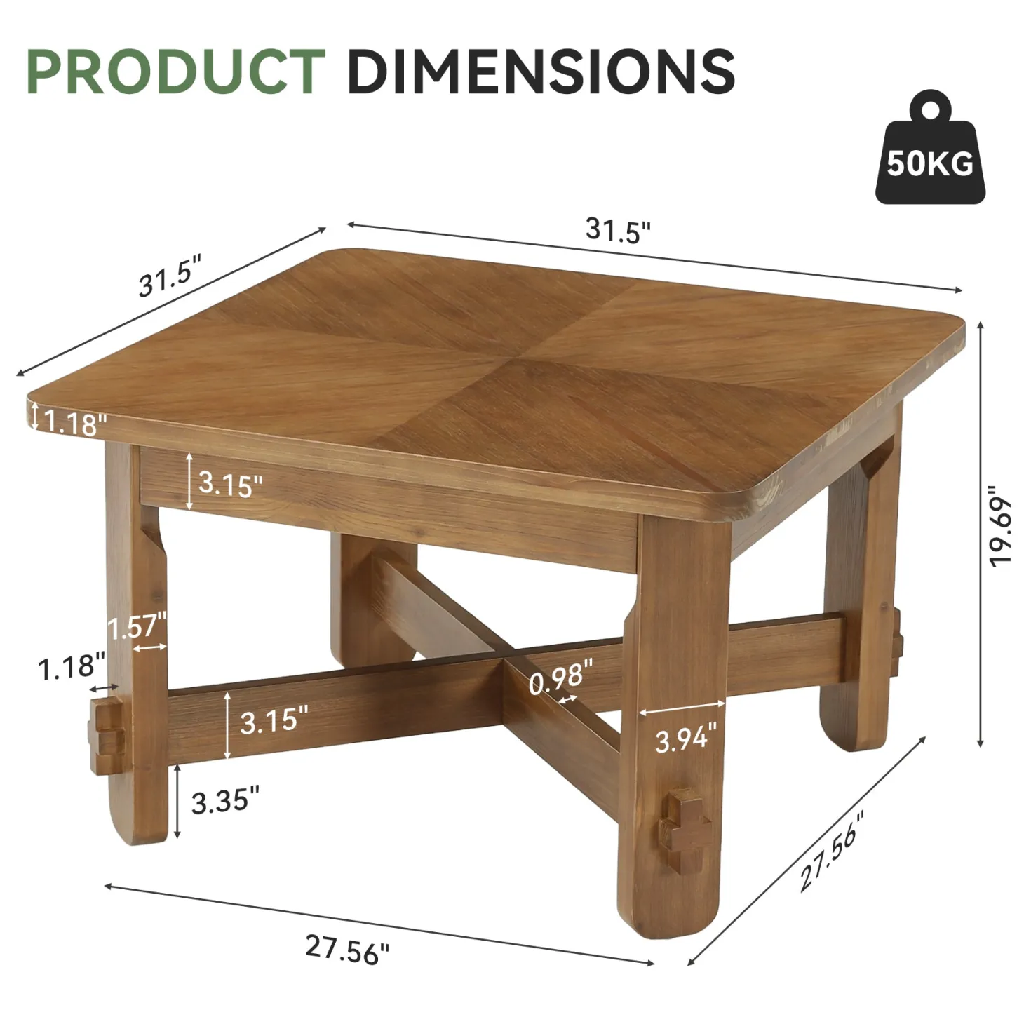 31.5 Inch Solid Wood Square Coffee Table, Farmhouse Center Table with Cross Base