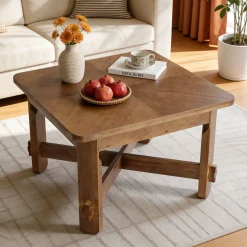 31.5 Inch Solid Wood Square Coffee Table, Farmhouse Center Table with Cross Base