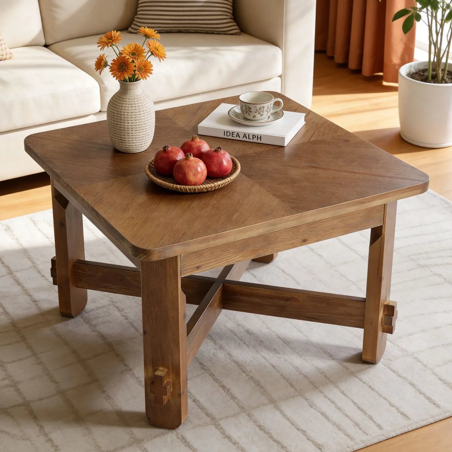 31.5 Inch Solid Wood Square Coffee Table, Farmhouse Center Table with Cross Base