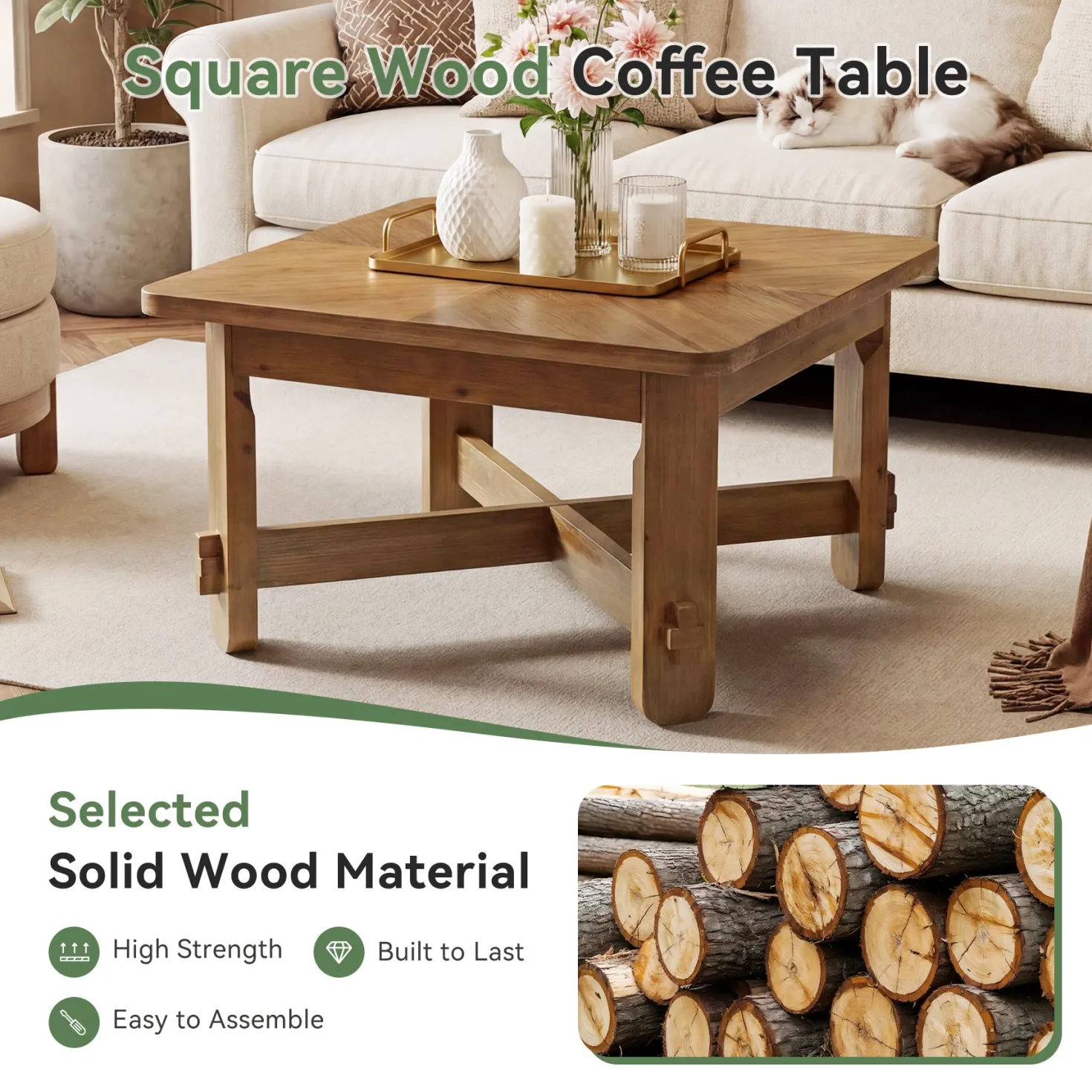 31.5 Inch Solid Wood Square Coffee Table, Farmhouse Center Table with Cross Base
