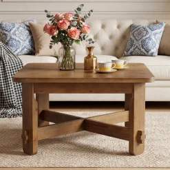 31.5 Inch Solid Wood Square Coffee Table, Farmhouse Center Table with Cross Base