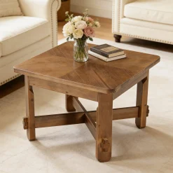 31.5 Inch Solid Wood Square Coffee Table, Farmhouse Center Table with Cross Base