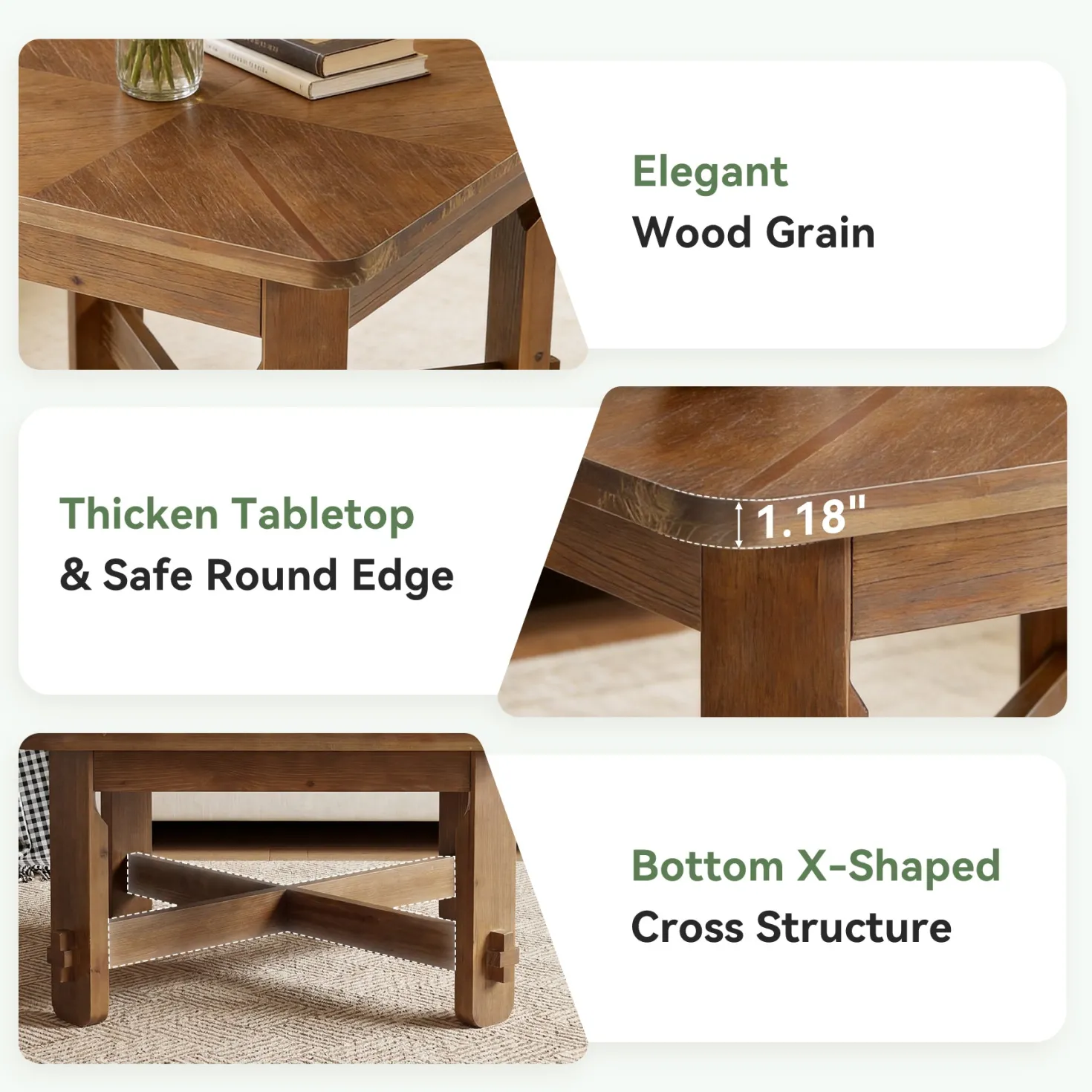 31.5 Inch Solid Wood Square Coffee Table, Farmhouse Center Table with Cross Base