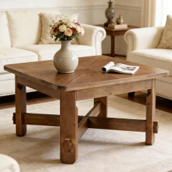31.5 Inch Solid Wood Square Coffee Table, Farmhouse Center Table with Cross Base