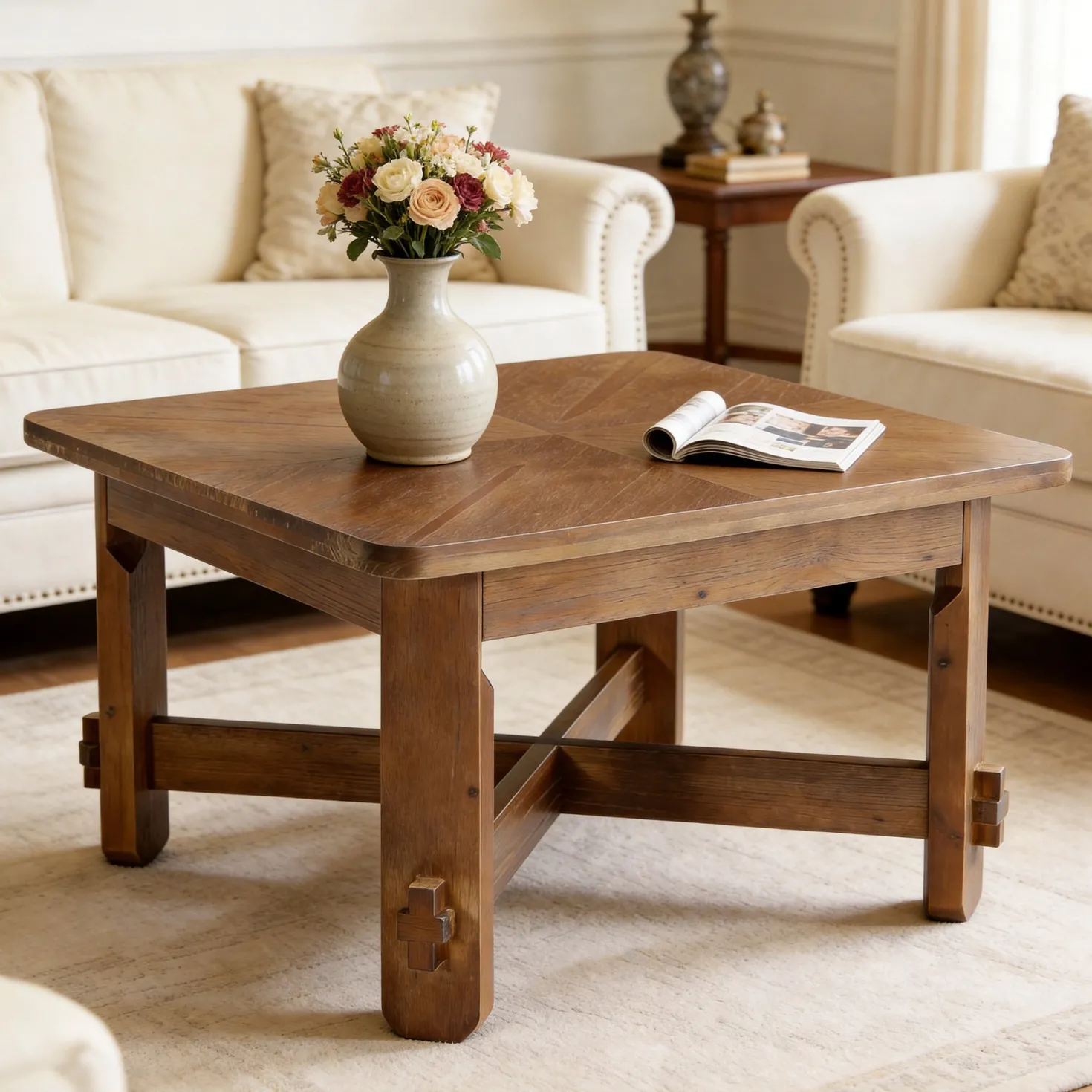 31.5 Inch Solid Wood Square Coffee Table, Farmhouse Center Table with Cross Base