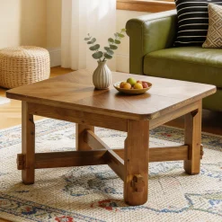 31.5 Inch Solid Wood Square Coffee Table, Farmhouse Center Table with Cross Base
