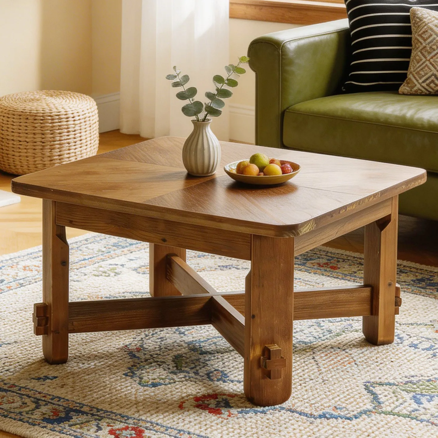 31.5 Inch Solid Wood Square Coffee Table, Farmhouse Center Table with Cross Base