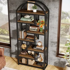 71" Industrial Bookshelf, Arched Bookcase with Open Display Shelves