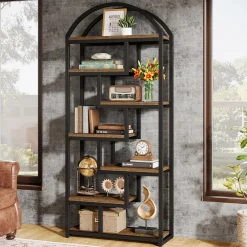 71" Industrial Bookshelf, Arched Bookcase with Open Display Shelves