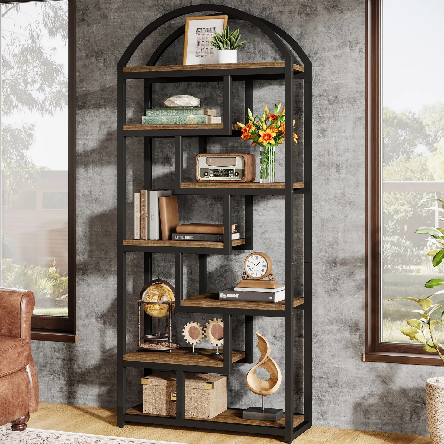 71" Industrial Bookshelf, Arched Bookcase with Open Display Shelves