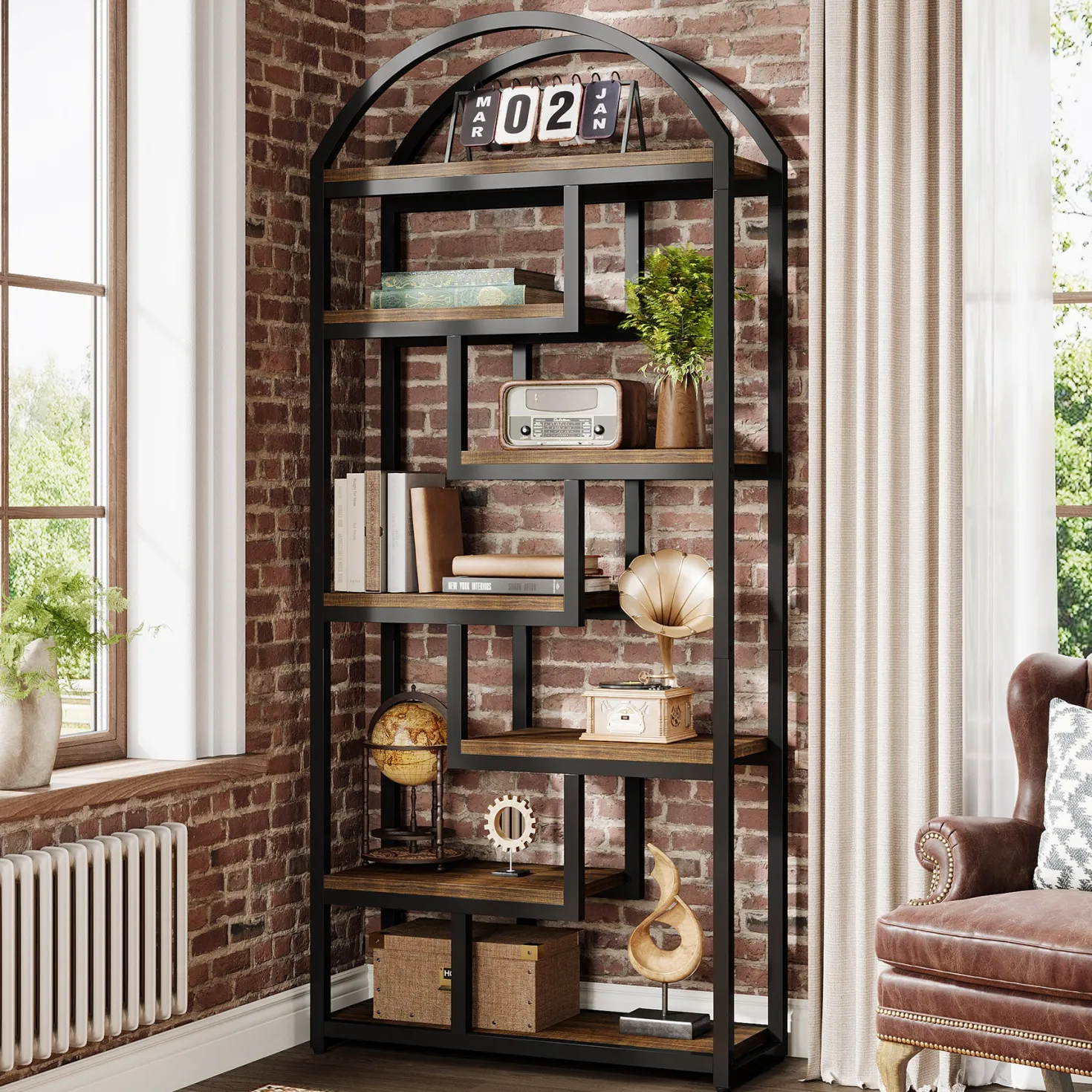 71" Industrial Bookshelf, Arched Bookcase with Open Display Shelves