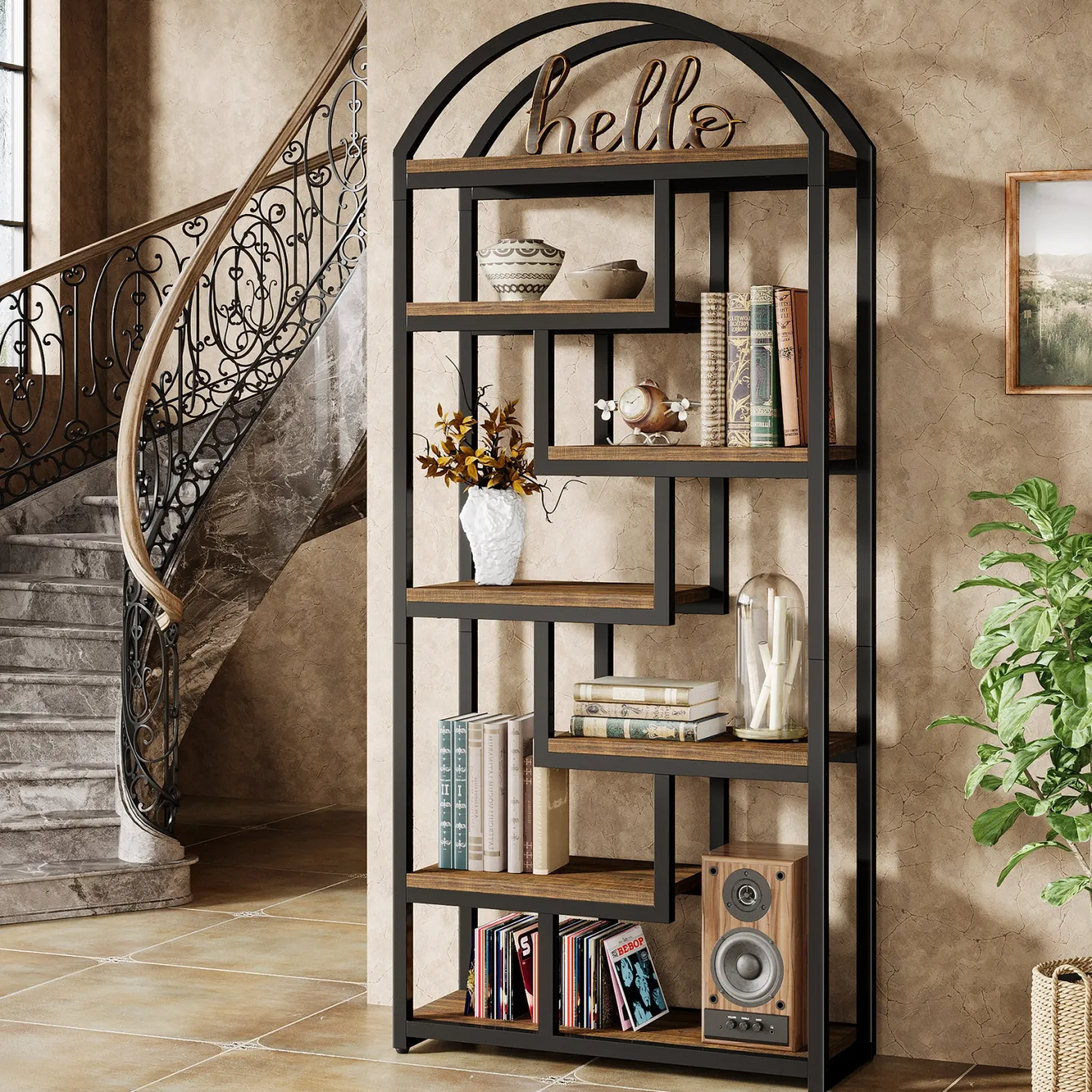 71" Industrial Bookshelf, Arched Bookcase with Open Display Shelves