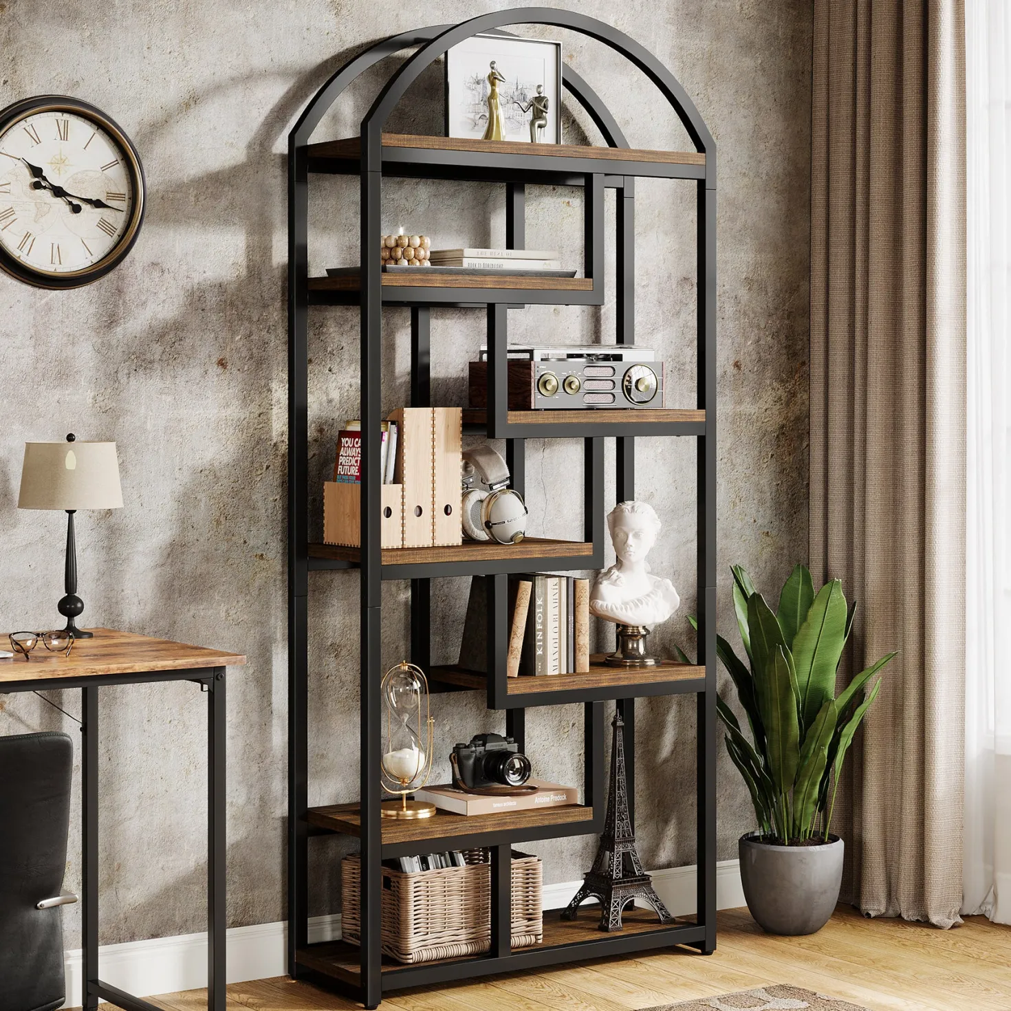 71" Industrial Bookshelf, Arched Bookcase with Open Display Shelves