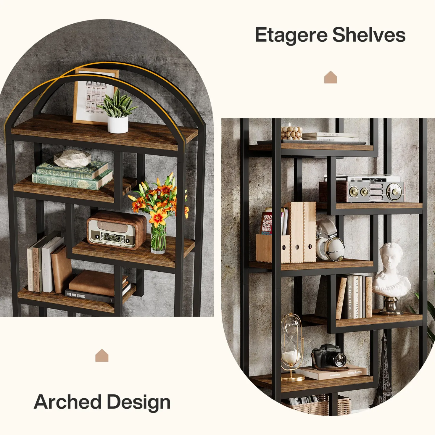 71" Industrial Bookshelf, Arched Bookcase with Open Display Shelves