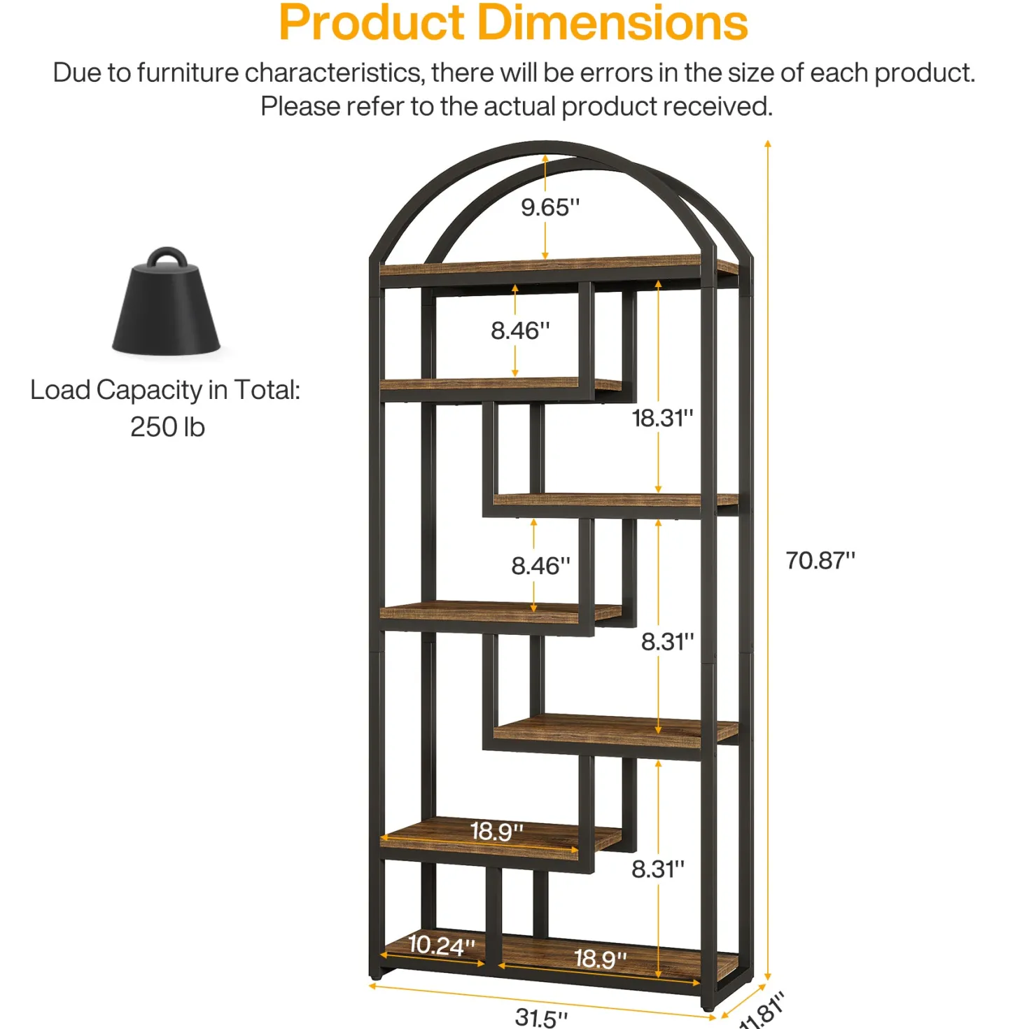 71" Industrial Bookshelf, Arched Bookcase with Open Display Shelves