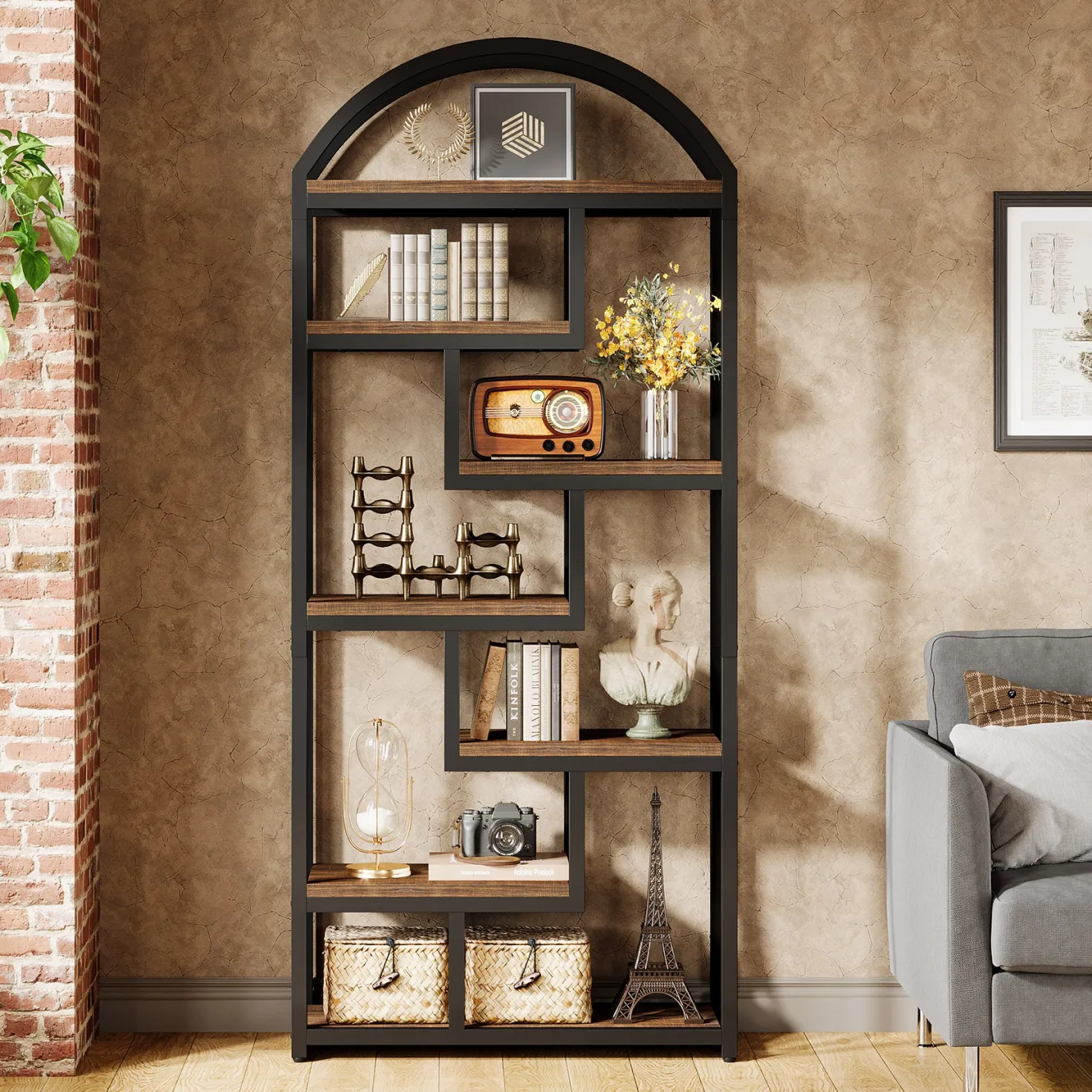 71" Industrial Bookshelf, Arched Bookcase with Open Display Shelves