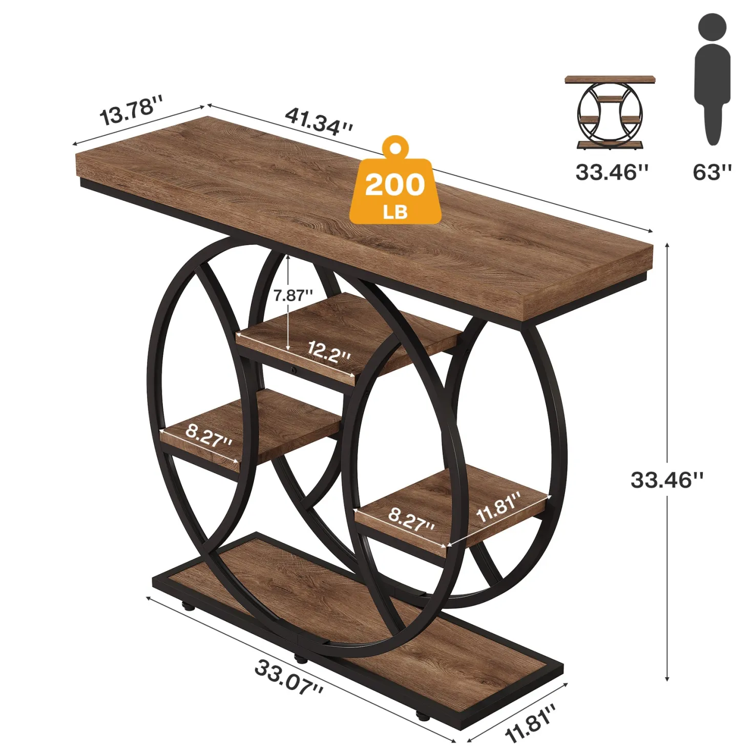 41.3" Industrial Console Table with 4-Tier Shelves – Circle Metal Frame Entryway Sofa Table