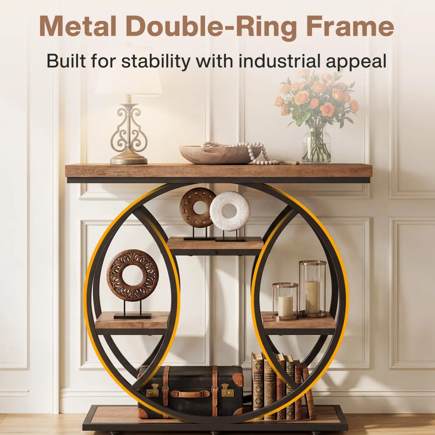 41.3" Industrial Console Table with 4-Tier Shelves – Circle Metal Frame Entryway Sofa Table