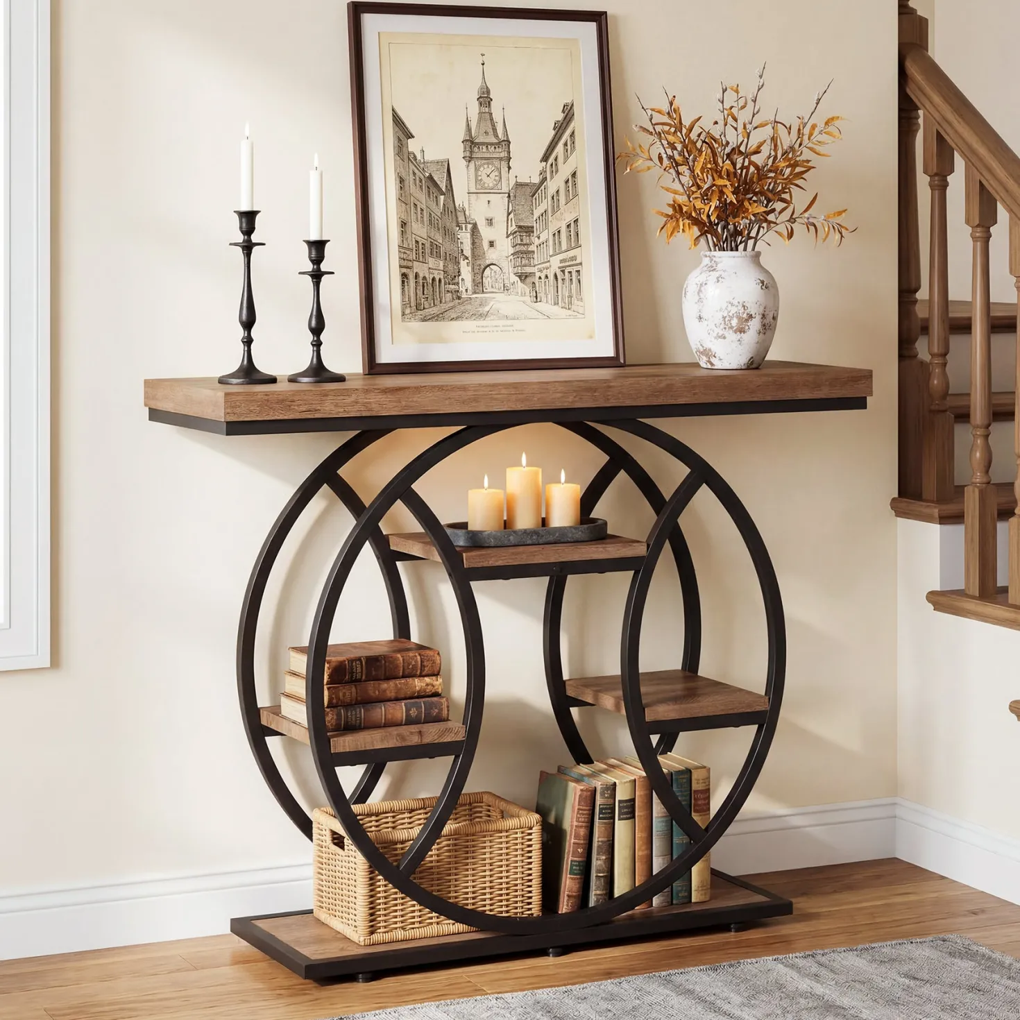 41.3" Industrial Console Table with 4-Tier Shelves – Circle Metal Frame Entryway Sofa Table