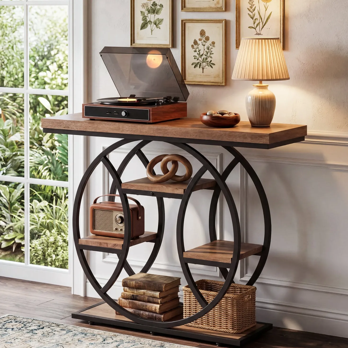41.3" Industrial Console Table with 4-Tier Shelves – Circle Metal Frame Entryway Sofa Table