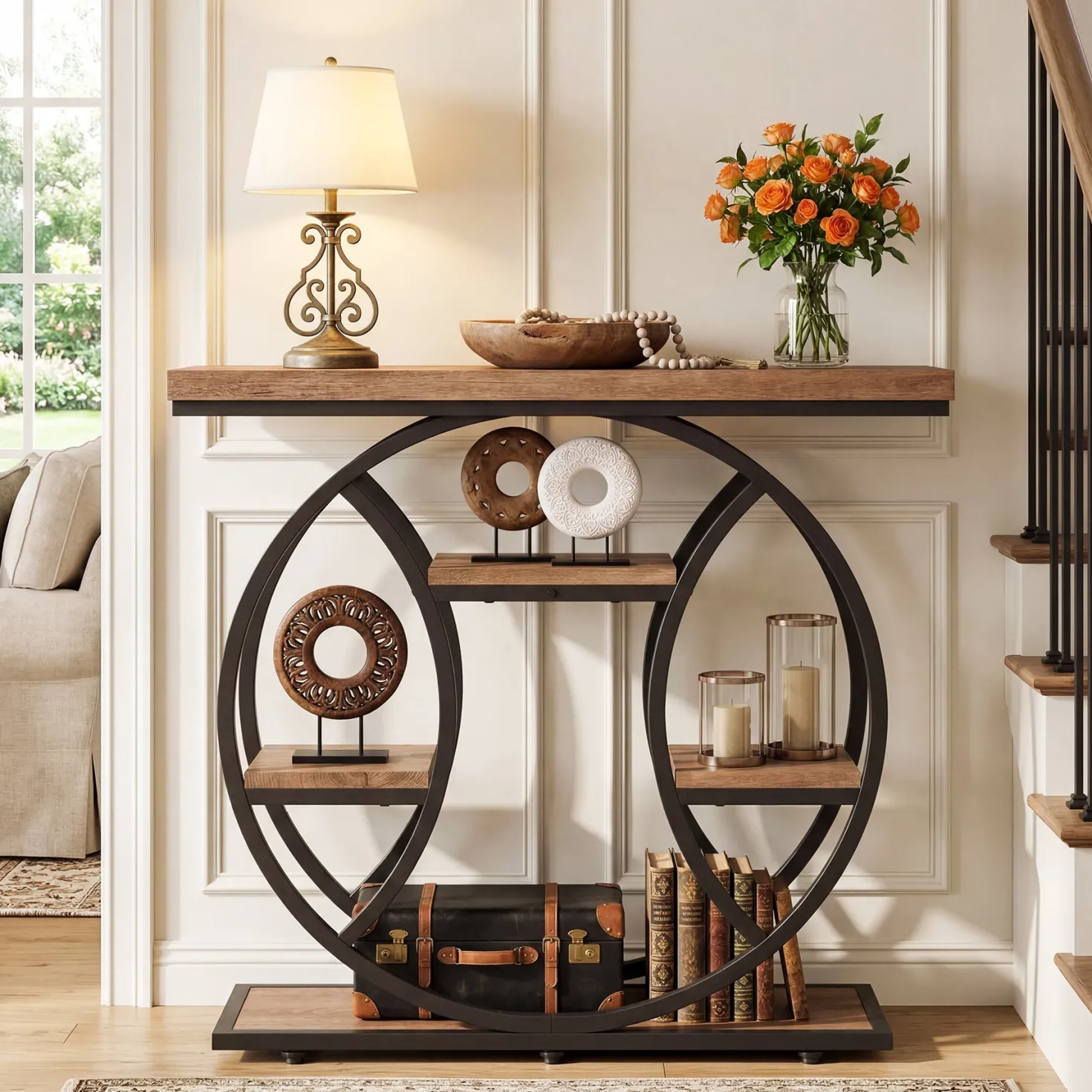 41.3" Industrial Console Table with 4-Tier Shelves – Circle Metal Frame Entryway Sofa Table
