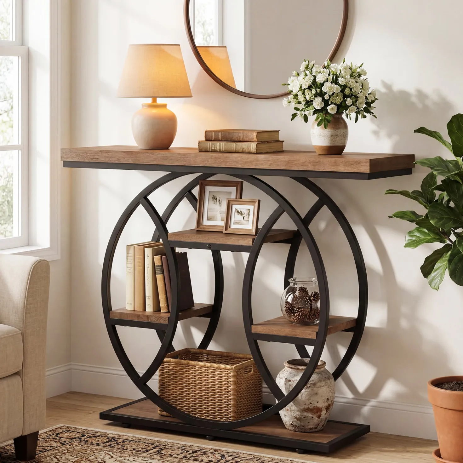 41.3" Industrial Console Table with 4-Tier Shelves – Circle Metal Frame Entryway Sofa Table