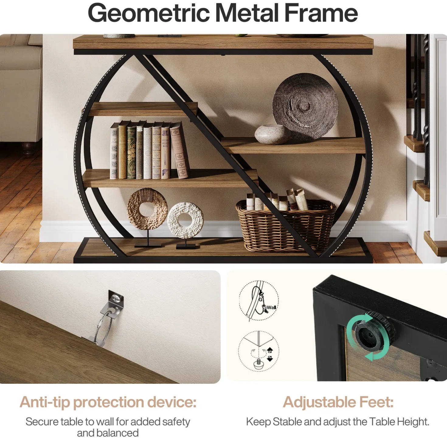 41.3" Industrial Console Table with 5 Staggered Shelves, Arched Metal Frame Entryway & Sofa Table