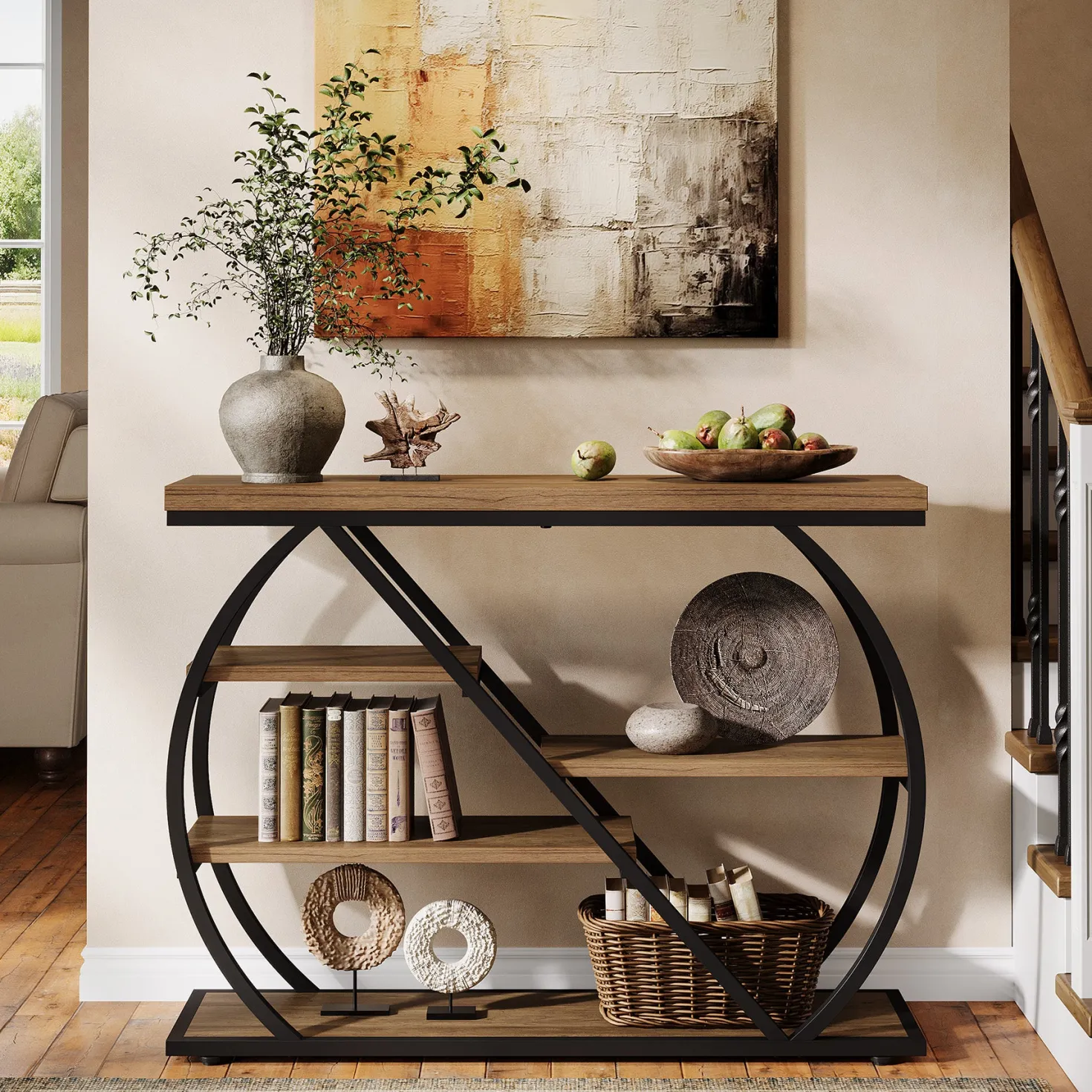 41.3" Industrial Console Table with 5 Staggered Shelves, Arched Metal Frame Entryway & Sofa Table