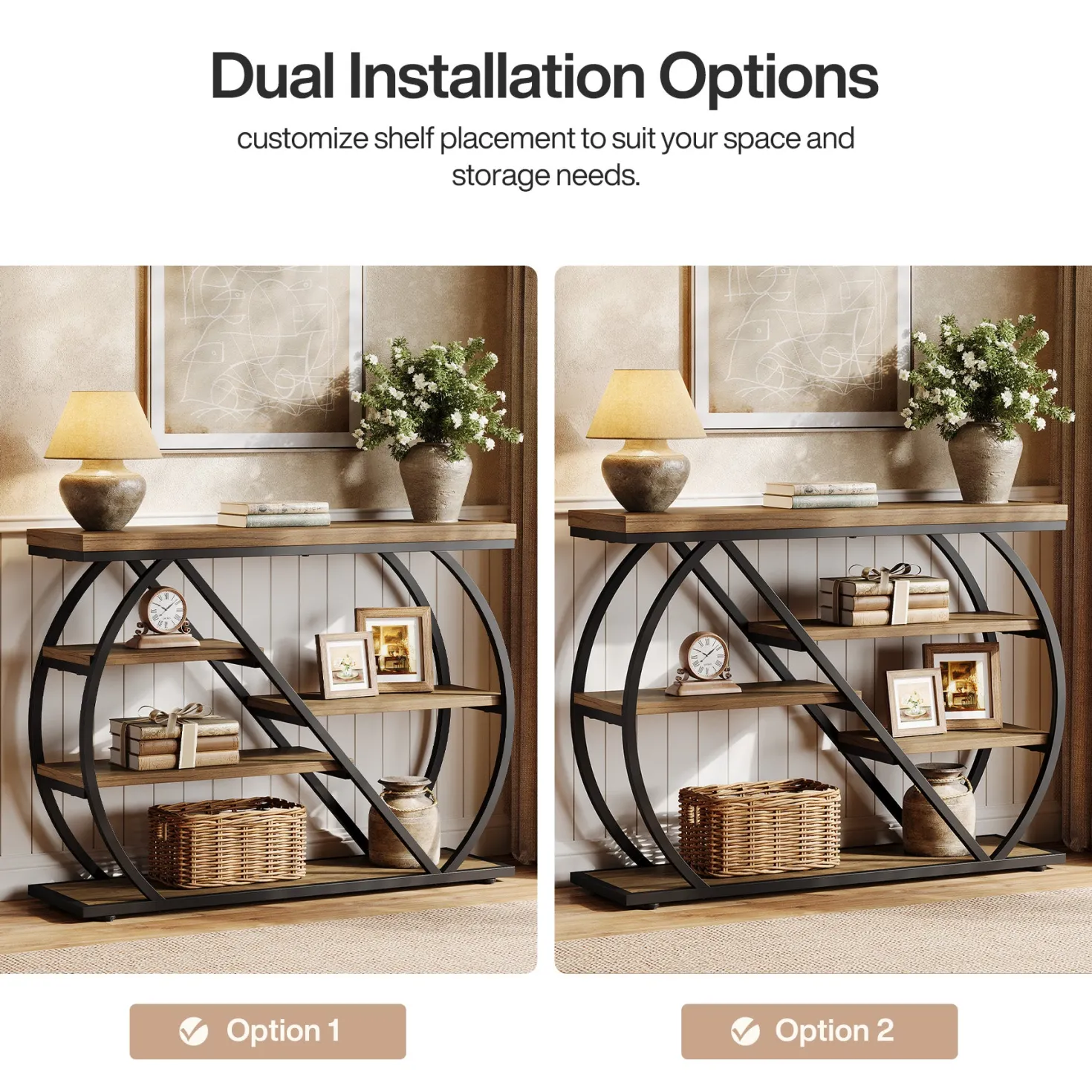41.3" Industrial Console Table with 5 Staggered Shelves, Arched Metal Frame Entryway & Sofa Table