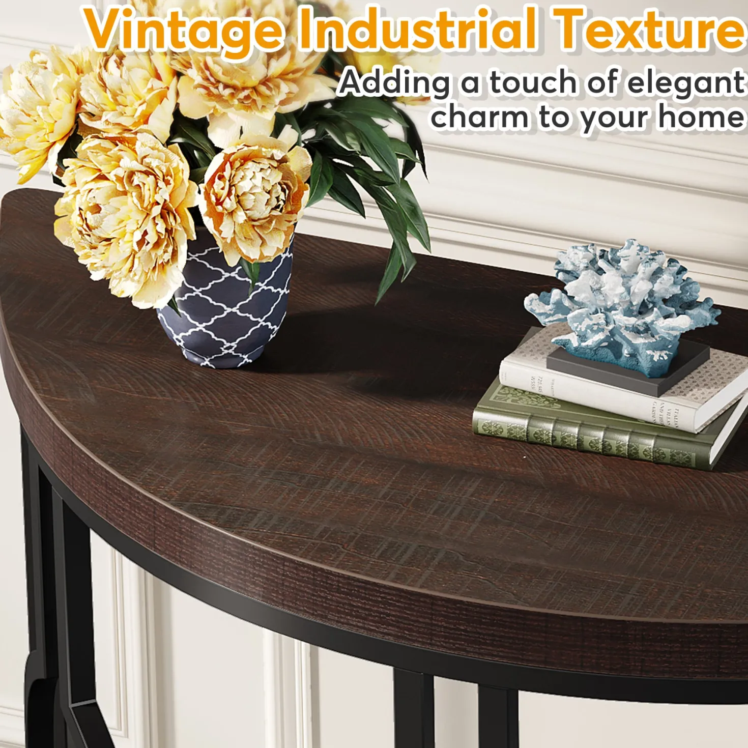 43" Industrial Console Table, Half Moon Shaped Accent Sofa Table