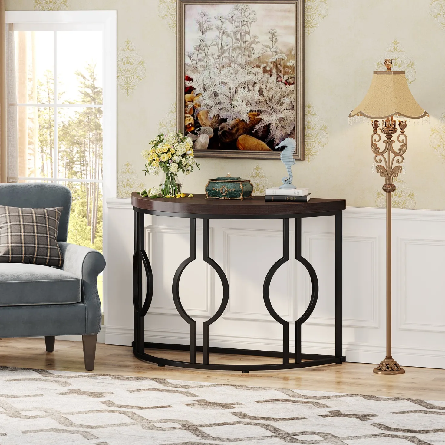 43" Industrial Console Table, Half Moon Shaped Accent Sofa Table